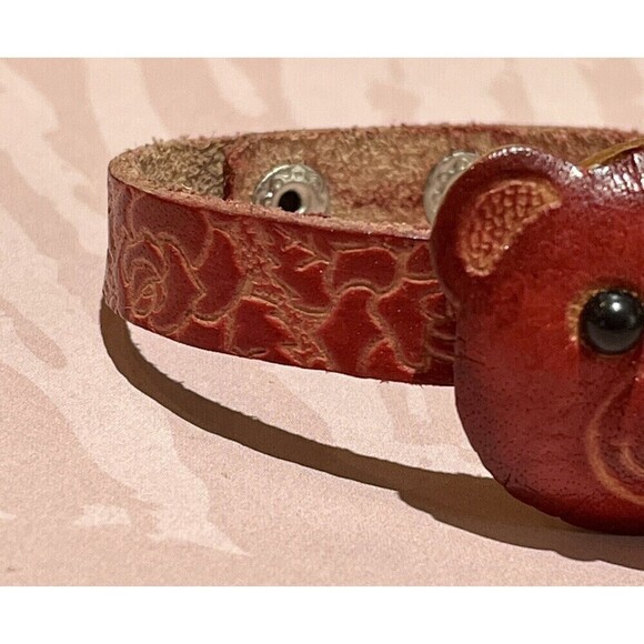 Red Leather Teddy Bear Face Bracelet Boho Floral Tooled Embossed Southwestern - Picture 3 of 12